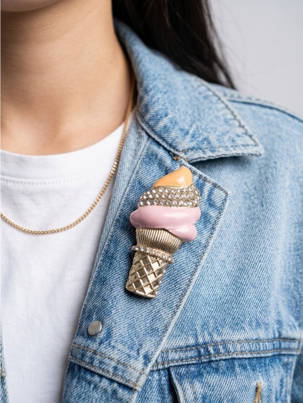 Holiday Lane Ice Cream Cone Brooch | Gold Tone Rhinestone Pin